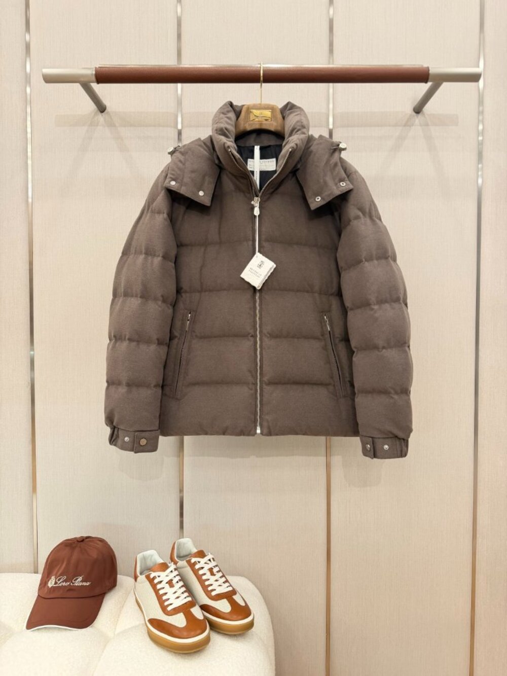 Brunello Cucinelli Brown Wool-Blend Hooded Short Down Jacket